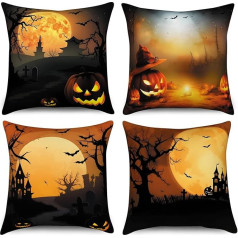 Hnmdmyi Halloween spilvenu pārvalks 45 x 45 cm, komplekts no 4, spokains ķirbju pilnmēness pils miris koks sikspārnis dekoratīvie spilvenu pārvalki melns oranžs lina spilvenu pārvalks dīvānam dīvāns gulta āra mājas dekors