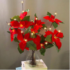 Sarkanā Poinsettia LED zariņi Apgaismotas mākslīgās Poinsettia zariņi Dekorēšanas gaisma mājas veikala logu vāzes galda istabu Ziemassvētki (sarkanā Poinsettia, 2 Pack)