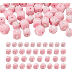 Beadthoven 46 gabali Rozā silikona alfabēta cipari kubs pērlītes A-Z burti Loose Beads Number Beads Spacer for DIY Jewellery Bracelet Necklace Making Home Decoration