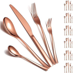 ReaNea Rose Gold galda piederumu komplekts, 30 gabali 6 personām, galda piederumu komplekts ar titāna pārklājumu, ietver galda nažus, galda karotes, galda dakšas, tējkarotes, salātu dakšas, var mazgāt trauku mazgājamā mašīnā