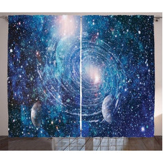 ABAKUHAUS Astral Rustic aizkars, miglājs Spirāle ar planētām, guļamistabas aizkars ar cilpām un āķiem, 280 x 175 cm, daudzkrāsains, zils