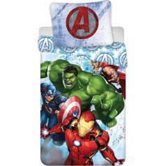 Jerry Fabrics Marvel Avengers Hulk un Iron Man Captain America Thor Segas pārvalka komplekts meitenēm, 100% kokvilna, zils, 140 x 200 cm, Euro spilvendrāna 90 x 90 cm