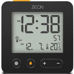 ZEON CE4557 Radio vadāms ciparu modinātājs Centrāleiropas laika zonai (DCF/GMT+1) ar pozitīvu LCD displeju, fona apgaismojumu un temperatūru, dienas un datuma rādījumu melnā krāsā