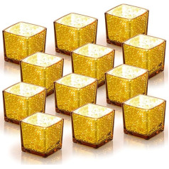 Romadedi Tea Light Holder Candle Holder Gold - 24 Pieces Glass Votive Candle Holder Small Square Decorative Tea Light Mercury Table Centerpiece Wedding Decoration Party Living Room