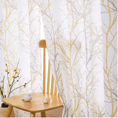 Yellow Grey White Sheer Curtains 72 Inch Drop for Bedroom Living Room Grey Branch Print Light Filtering Eyelet Curtain Panels Botanical Pattern Privacy Textured Look Semi-Sheer Drapes 50 Inch W 2 Pieces