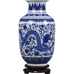 Jingdezhen zilā un baltā porcelāna ziedu vāze, maza ar rokām darināta keramikas vāze ar pūķi, dekoratīva vāze, augstums 30 cm