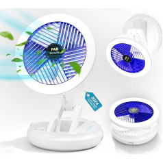 Mihoho Turbo ventilators, 4 ātrumu gaisa cirkulators ar gaismu, saliekams akumulatora ventilators ar lampu mājai, birojam, rakstāmgaldam, āra apstākļiem, griestu un sienas uzstādīšanai (balts (ar gaismu))