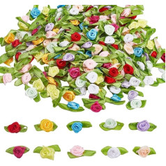 GORGECRAFT Iepakojumā 200 10 krāsas Mini lentes rozes amatniecībai Mākslīgie auduma ziedi ar zaļām lapām Rozetes Mazie ziedi Satīna lentes Embellishments Applique Šūšanas loki Kāzu Valentīna diena