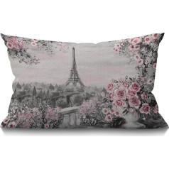 BGBDEIA Oil Painting Cushion Cover Parīze Eifeļa tornis Ziedu rozes un lapu kokvilnas lina dekoratīvais taisnstūra mest spilvenu pārvalks dīvānam un gultas dīvānam 30x50cm