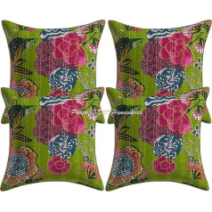 DK Homewares Etniskie dīvāna dekoratīvo spilvenu pārvalki 40 x 40 cm Papagaiļu zaļš kokvilnas Kantha spilvenu pārvalki Boho stila apdrukāti Tropicana Square dekoratīvo spilvenu pārvalki - 4 komplekti (tikai pārvalks)