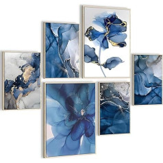 HONEYBABY Blue Canvas Wall Art for Living Room Modern Flower Framed Bathroom Wall Art Floral Nature Wall Art Pictures for Bedroom Walls Office Kitchen Hallway Set of 6