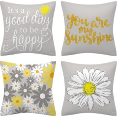 Fullfun Dzeltens un pelēks ziedu spilvenu pārvalki Divpusēja burtu druka 4 Pack Square Daisy Cushion Cover for Living Room Bedroom 50x50cm