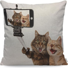 WONDERTIFY Funny Cats Cushion Cover Cats Taking A Selfie Throw Cushion Cover for Couch Home Decor Brown White 45 x 45 cm