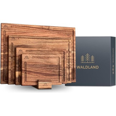 WALDLAND Premium koka kapājamā dēļa komplekts, 4 gabali (40 x 30, 33 x 24, 27 x 18, 21 x 15 cm), izgatavots no izturīga akācijas koka, ietver dēļa statīvu, koka dēlis, virtuve, biezi kapājamie dēļi ar sulu