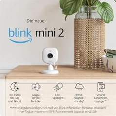 Pilnīgi jauna Blink Mini 2 - Plug-in viedā drošības kamera, HD nakts skats krāsās, iebūvēts prožektors, divvirzienu audio, kustības noteikšana, darbojas ar Alexa - 2 kameras (balta)