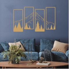 ruelen 4 lielu metāla kalnu un mežu sienu dekoru komplekts Line Drawing Wall Art Minimalistiska sienu apdare Rustic Nature Home Wall Art Sculpture for Office Living Room Bedroom (Gold)