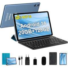 Biegedy planšetdators 10 collu Android 14 Octa-Core Tablet PC 20 GB RAM + 128 GB ROM (TF 512 GB), 6000 mAh, 5 + 8 MP, Bluetooth 5.0, 1280 x 800, planšetdators ar tastatūru, peli, zils