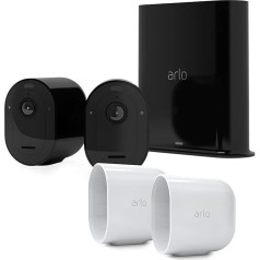 Arlo Pro3 WLAN āra novērošanas kamera, 2K UHD, 6 mēnešu akumulators, krāsu nakts redzamība, divvirzienu audio, 2 kameras komplekti ar bezmaksas kameras korpusu, ar 90 dienu droša plāna pārbaudes periodu, melna/balta