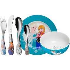 WMF Disney Frozen bērnu trauku komplekts, 6 gabali, Frozen Elsa un Anna, bērnu trauki ar bērnu galda piederumiem, nerūsējošais tērauds, no 3 gadu vecuma, Cromargan pulēts