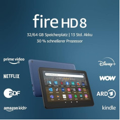 Sertificēts un atjaunots Fire HD 8 planšetdators, 8 collu HD displejs, 32 GB, par 30 % ātrāks procesors, izklaidei ceļā (2022), zils, ar reklāmu