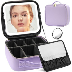 Make-up-Tasche mit Spiegel und Licht, 3 Farben, verstellbare Helligkeit, Make-up-Tasche mit Spiegel, wiederaufladbar, Kosmetiktasche mit 2 verstellbaren Trennwänden und abnehmbarem