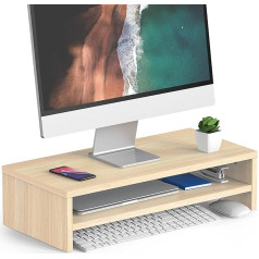 FITUEYES 2 līmeņu monitoru statīvs, 54 x 25,5 cm, liels datora portatīvo datoru statīvs ar vietu tastatūrām, galda organizators mājas un biroja piederumiem, ozols