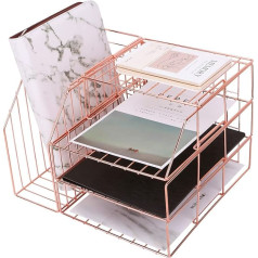 Simmer Stone Stackable File Tray, Wire Desk Paper Organizer for Mail, Documents, Folders and Books, 3-Tier Letter Tray Plus Display Rack and Magazine Holder, Rose Gold