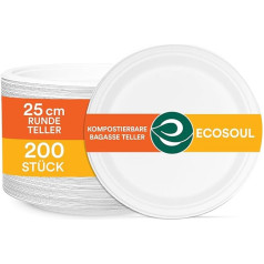 ECO SOUL Pearl White Round 25 cm papīra šķīvji (200 gab.), vienreizlietojamie trauki un 100 % kompostējami, videi draudzīgi ballīšu trauki, izturīgi kempinga trauki, mikroviļņu krāsnī un cepeškrāsnī izmantojami trauki