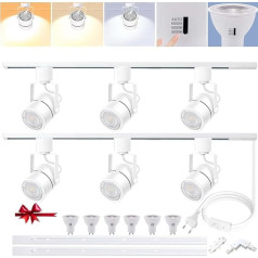 Bravsekai Dimmable LED sliedes gaismas komplekts, 10 W 3CCT GU10 sliedes gaismas galviņas ar 2 x 3,28 ft H tipa sliedēm, regulējams 3000 K/4000 K/6000 K, 6 gaismas komerciālo griestu apgaismojumu, GU10 spuldžu nomaiņa