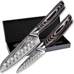 Wolfblood PRO 2 damaskas nažu komplekts L (23 cm un 19 cm) Profesionāls damaskas virtuves nažu komplekts, kas izgatavots no īsta 67 slāņu damaskas tērauda I Santoku nazis un pavāra nazis ar koka rokturi Dāvanu kaste un