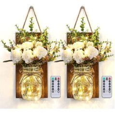 Glighone Pack of 2 LED Fairy Lights, Mason Jar Wall Lights Gaisma ar ziedu koka rotājumu, lauku sienas lampa, string gaismas mājas dekorēšanai, pusei, kāzām, guļamistabai, sienas dekorēšanai