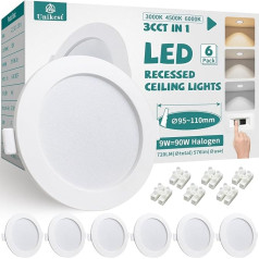 Unikcst LED iebūvēti starmeši 230 V 9 W griestu starmeši 3CCT Silti balta neitrāli balta vēsā balta 95-110 mm uzstādīšanas diametrs LED Spot White Round 720LM starmeši Griestu gaisma virtuvei