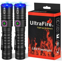 UltraFire UV lukturītis 365 nm LED melnā gaisma ar uzlādējamu akumulatoru, maza ultravioletā ultravioletā gaisma - mājdzīvnieku urīna noteikšanai, sveķu konservēšanai, 2 gab. iepakojumā