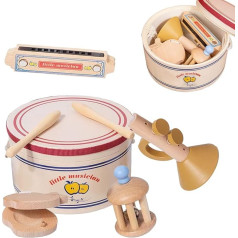 BASAMOU Bērnu mūzikas instrumenti Bērni 1-5 gadi Montessori koka rotaļlieta, 5 in 1 mūzikas instrumentu perkusiju komplekts ar bungām/trumuli/kastanetēm/zvaniem/harmoniku, bērnu dāvana