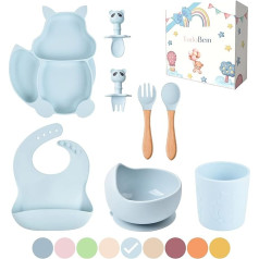 TudoBem Silicone Baby Meal Set [8 Pieces] Suction Plate for Baby + Adjustable Bib + Non-Slip Bowl + Spoon/Fork for 1st and 2nd Year + Glass Birth Gift