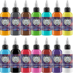 DLD White Tiger Tattoo Ink Set 1/2 oz 30 ml / pudele Veģetārietis 14 Krāsas Tetovējums Pigment Set Profesionālā Tetovējums Produkti Pastāvīgā Mikro Skulptūra Māksla Grims Body Tattoo Set