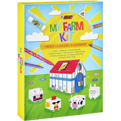 BIC Kids My Farm Colouring Set - filca pildspalvas, vaska krītiņi, krāsojamie zīmuļi, dzēšgumija, līmes uzlīme, spīdīgā līme, uzlīmes, papīra dzīvnieki un klēts - dāvanu kaste ar 50 gab.