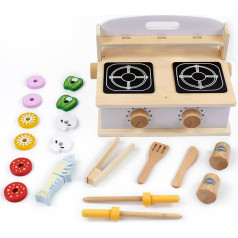 Pillowhale Children's Kitchen, 2-in-1 Wooden Kitchen with Food Toy, Portability Kitchen BBQ Toy Set, Role Play Cooking Kitchen Accessories for Children from 3 Years