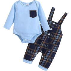 Haokaini Newborn Baby Boy Clothing Set Long Sleeve Gentleman Suit Solid Colour Romper Bodysuit Plaid Overalls Tights Outfits 0-18 Months