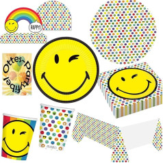 HHO Smiley World Party komplekts 65 gabali 16 viesiem Šķīvji Krūzītes Salvetes Galdauts Uzaicinājumi