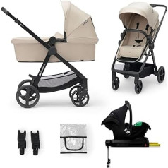 Kinderkraft Newly bērnu ratiņi 4-in-1, pilns komplekts līdz 22 kg, viegls kombinēts bērnu ratiņu komplekts ar sēdeklīti, lietus pārvalks, kājbiksīte, ūdensnecaurlaidīgs pārklājs ar UPF50+, salokāms, atgāžams, bēšs