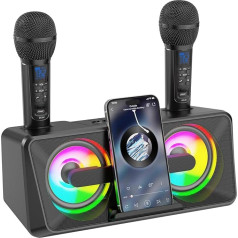 Karaoke iekārta pieaugušajiem un bērniem ar 2 UHF bezvadu mikrofoniem, pārnēsājams Bluetooth dziedāšanas skaļrunis, PA sistēma ar disko gaismām, mobilā tālruņa turētājs mājai, ballītei, piknikam