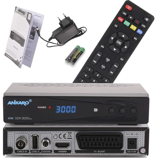 Ankaro DCR 3000 Plus digitālais 1080p Full HD kabeļtelevīzijas uztvērējs kabeļtelevīzijai ar PVR ierakstīšanas funkciju (HDTV, DVB-C/C2, HDMI, Scart, koaksiālais, koaksiālais, multivides atskaņotājs, USB) Automātiska uzstādīšana - melns