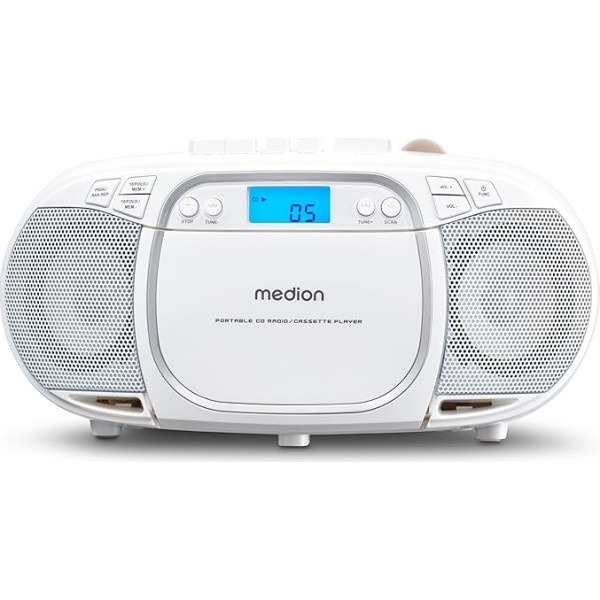 MEDION E66476 Stereo skaņas sistēma (Boombox, CD atskaņotājs, MP3, kasešu atskaņotājs, pārnēsājams kasešu atskaņotājs bērniem, FM radio, AUX, austiņas, elektrotīkla un akumulatora pieslēgums), balta