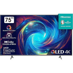 Hisense 75E7KQ PRO 189 cm (75 collu) televizors, 4K UHD, QLED, Smart TV, HDR, Dolby Vision IQ, 144 Hz (VRR), HDMI 2.1, Spēļu režīms PRO, Trīs uztvērēji, Iebūvēta Alexa, Dolby Atmos, Tumši pelēks [2023]