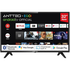 Antteq AG32H3 TV 32 collu (80 cm) Smart TV, LED HD Ready, balss palīgsistēma, Bluetooth Trīskāršs uztvērējs (DVB-C/S2/-T2), Play Store (DAZN/Netflix/Prime Video), WiFi