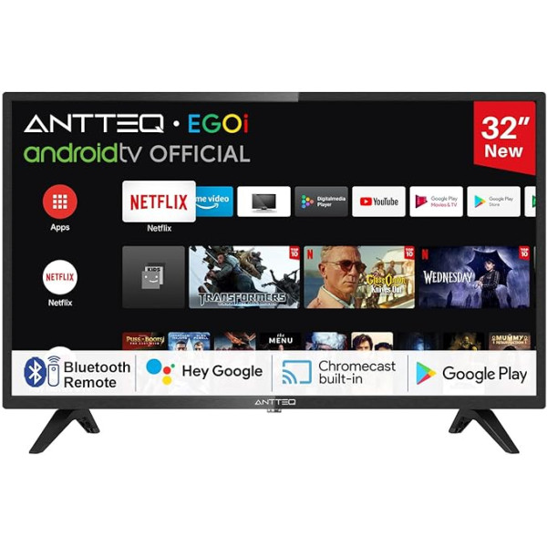 Antteq AG32H3 TV 32 collu (80 cm) Smart TV, LED HD Ready, balss palīgsistēma, Bluetooth Trīskāršs uztvērējs (DVB-C/S2/-T2), Play Store (DAZN/Netflix/Prime Video), WiFi