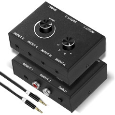 UNSTINCER 3,5 mm un RCA audio pārslēdzējs 4 (2)-In-2(4)-Out, divvirzienu stereo skaņas pārslēdzējs ar skaļuma regulēšanas funkciju, analogais Aux pārslēdzējs atskaņotājam Radio austiņām Skaļruņa skaļrunim PC