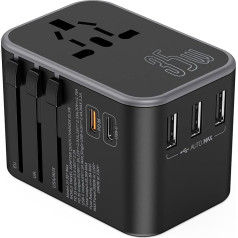 Ceļojuma adapteris Vispasaules ceļojuma adapteris Starptautiskais ceļojuma adapteris ar 1 PD/QC 20W ātrās uzlādes + 1 C tipa 15W ātrās uzlādes + 3 USB un maiņstrāvas kontaktligzdas adapteri ASV, ES, AK no 150+