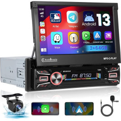 Hikity Android 13 Auto radio 1 DIN Carplay Bezvadu Android automašīnas 7 collu motorizēts izvelkamais ekrāns ar skārienjūtīgu displeju Auto radio ar Bluetooth FM Dual USB AUX atpakaļgaitas kamera Mikrofons